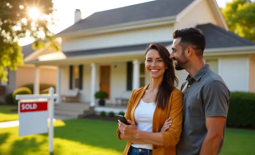 First-time home buyers celebrating purchase with SOLD sign in front of house - affordable real estate listings success story