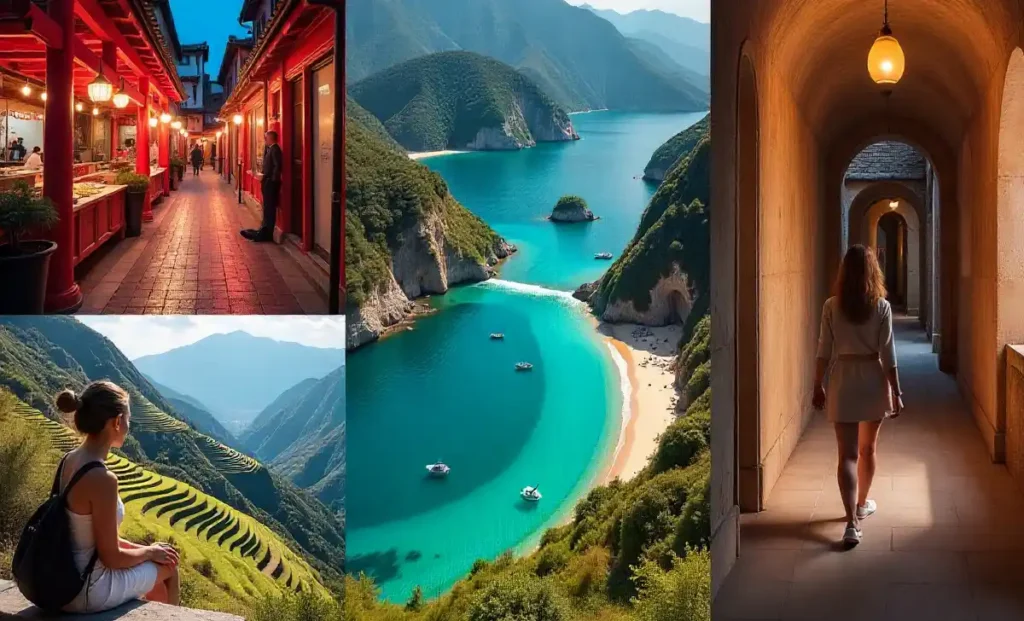 Best travel destinations 2025 collage showing Albania beaches, Osaka streets, Vietnam rice terraces & Georgian mountains