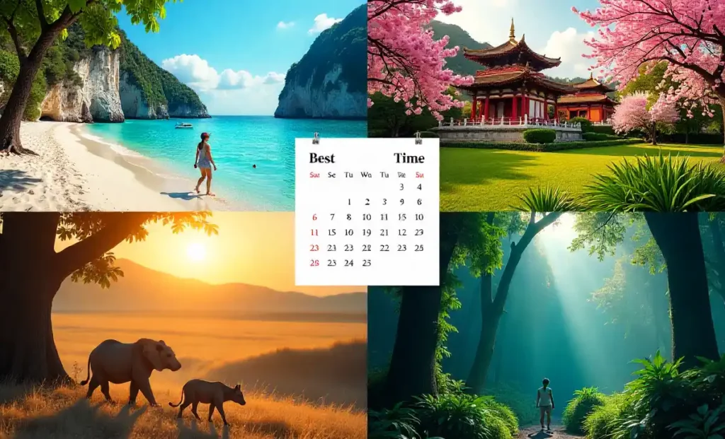 Best travel time seasonal planning guide showing world map with monthly weather icons and destination highlights