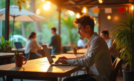 Budget-friendly travel coworking space with digital nomad on laptop showing affordable destinations for remote work