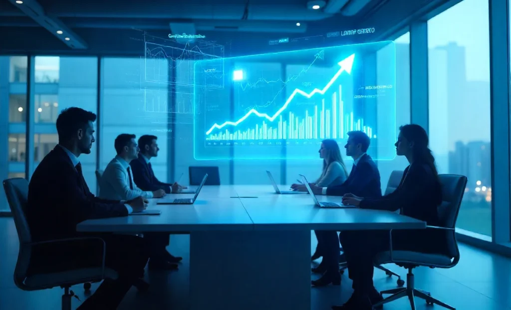 What Is Business Strategy and How Can It Drive Long-Term Growth? Business Strategy planning meeting with growth charts and strategic analysis displayed on modern digital screens