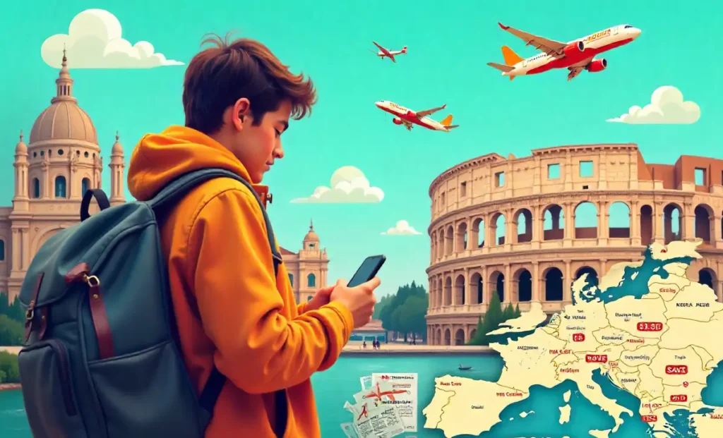 How Can You Find Cheap Travel Deals for Europe Trips? Budget traveler booking cheap travel deals for Europe trip with map, planes and savings icons in background