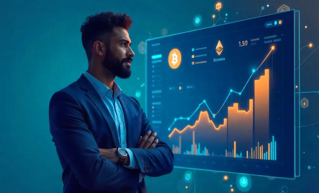 Crypto investment guide - beginner investor with Bitcoin Ethereum dashboard showing safe investment strategies