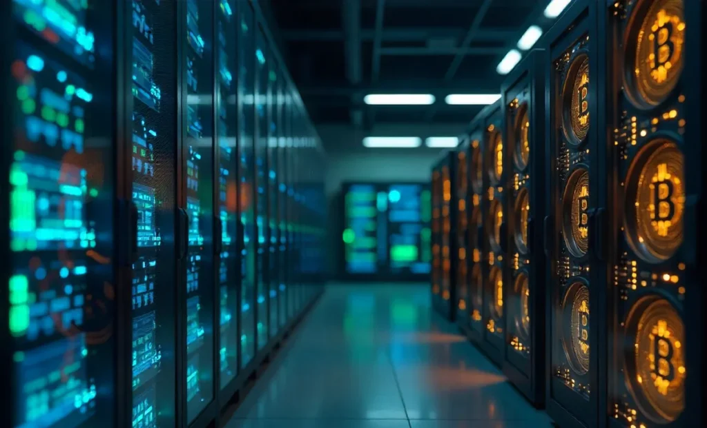 Modern crypto mining process facility showing ASIC miners and blockchain technology for profitable mining in 2025