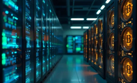 Modern crypto mining process facility showing ASIC miners and blockchain technology for profitable mining in 2025