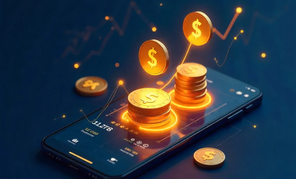 Crypto stablecoin benefits infographic showing digital coins, fast payments, low fees, and global accessibility features