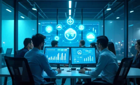 Small business owner using cutting edge tech improve operations with AI automation and cloud computing solutions