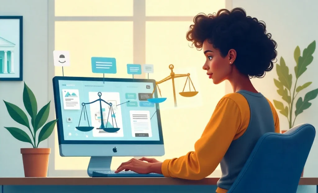 Person using laptop for free legal advice online consultation with digital scales of justice and legal chat interface