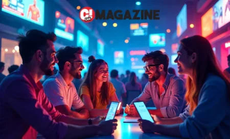 Colorful illustration of fans engaging in Garforfans' 2025 digital hub with chat bubbles and eco-friendly tech motifs.