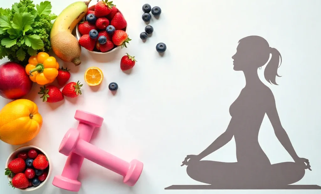 Health tips guide lifestyle composition with nutritious foods, water, and fitness equipment for better living