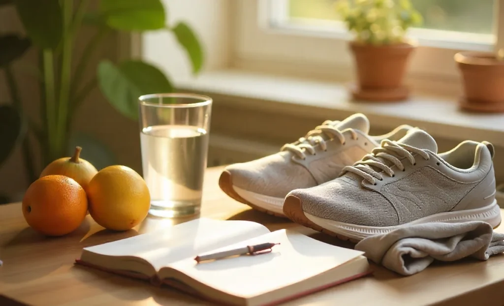 Healthy lifestyle routine setup with water, fruits, exercise clothes and journal on table with natural morning sunlight