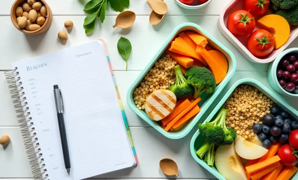 Healthy meal plans setup with colorful meal prep containers, fresh vegetables, fruits & planning notebook on white background