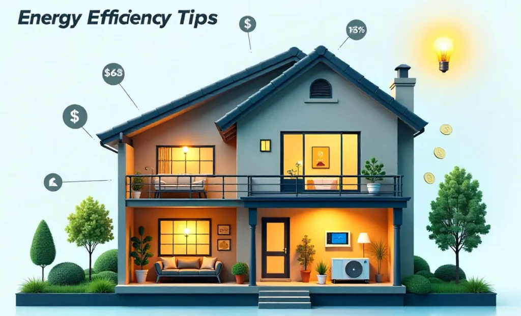 Home improvement energy efficiency upgrades including smart thermostat, LED lights, insulation and heat pump savings