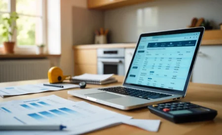 Home improvement projects budget planning with laptop, calculator, contractor estimates and renovation materials on desk