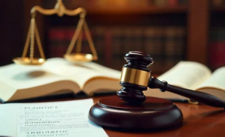 Professional gavel and scales of justice with legal documents showing important legal terms like contract and liability