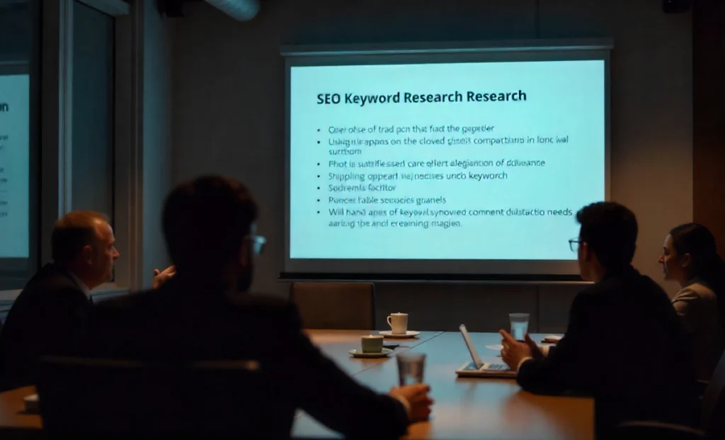 Professional team analyzing keyword research SEO strategies on presentation screen in modern conference room.