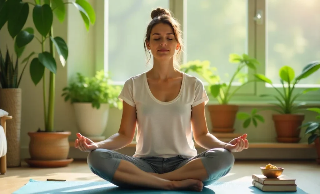 Person practicing meditation in peaceful home setting with plants and wellness items to manage stress lifestyle daily