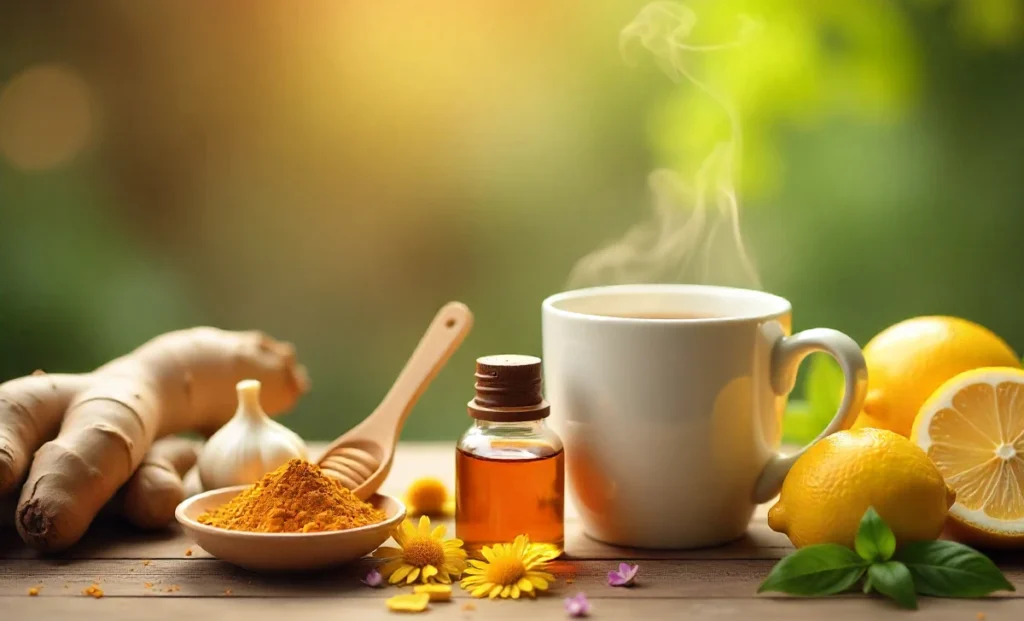 Natural remedies illnesses collection including ginger honey garlic turmeric chamomile essential oils on wooden table