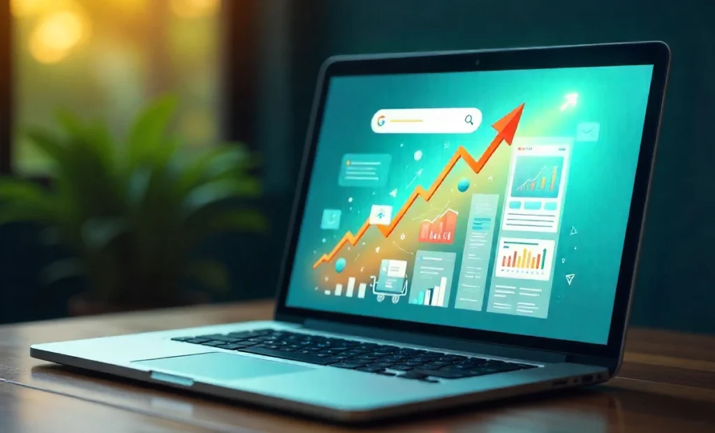 On page SEO optimization illustration showing website climbing Google search rankings with SEO elements and analytics
