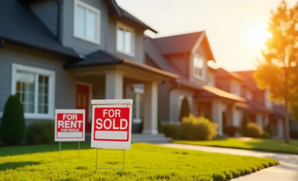 Real estate investment guide 2025 showing modern house with for rent sold signs and financial growth symbols