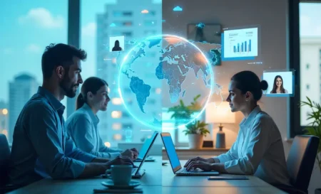 Remote Work Future: Key Trends Every Professional Should Know Remote work future trends illustration with office-to-home transition, AI tools, and global digital collaboration