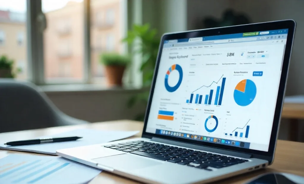 SEO keyword research dashboard showing analytics charts, search volume data, and trending keywords on laptop screen