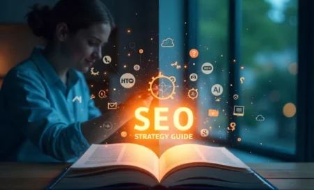 SEO strategy guide dashboard displaying keyword research tools, ranking graphs and website optimization metrics