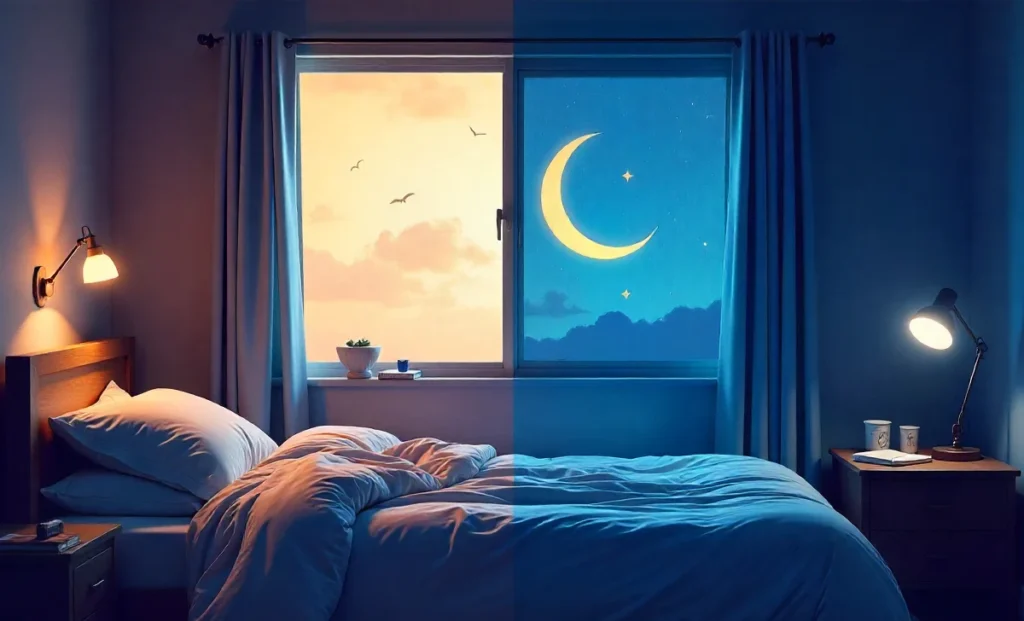 Peaceful bedroom setup showing optimal sleep quality health environment with blackout curtains and organized space