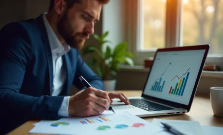 How to Write a Winning Small Business Plan Step by Step Entrepreneur writing small business plan at desk with laptop, documents, and charts for startup success and funding