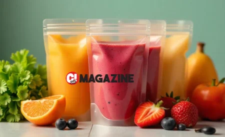 Colorful Smoothiepussit pouches filled with healthy fruit and vegetable smoothies are arranged on the kitchen counter