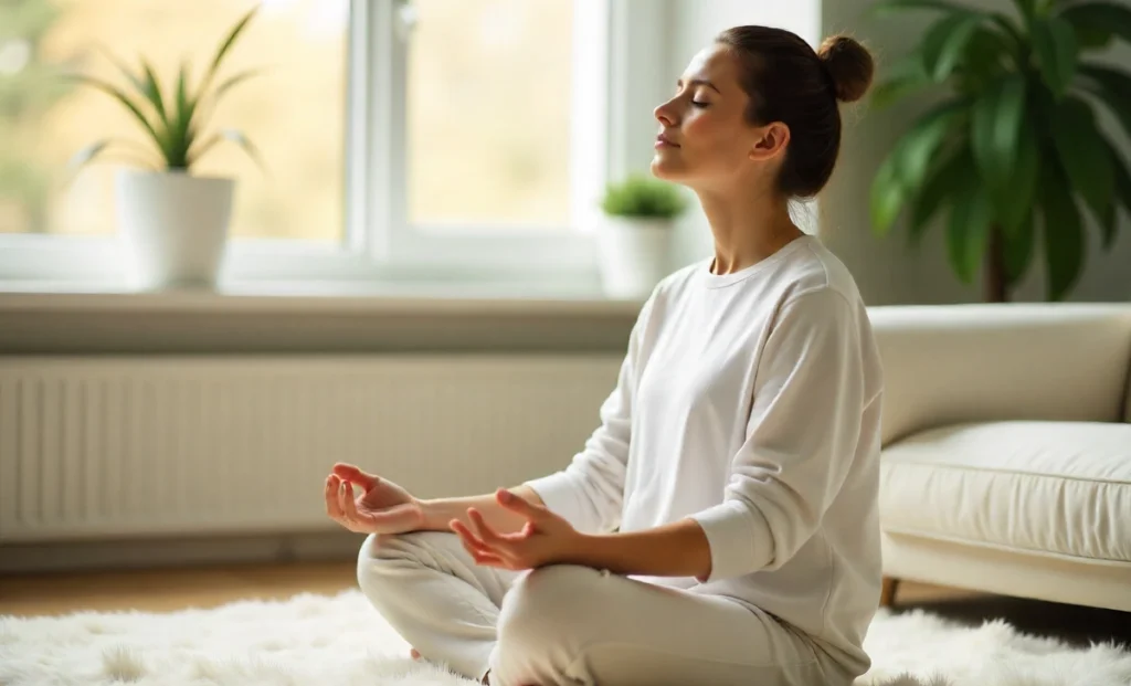 Person practicing deep breathing meditation for Stress Relief Techniques in peaceful modern living room with natural lighting