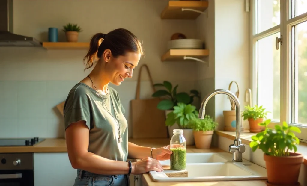 Person implementing sustainable lifestyle changes at home with reusable bottles, LED bulbs & eco-friendly items