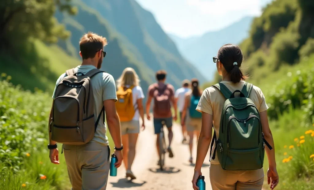 Eco-conscious travelers exploring pristine nature with reusable items, showing sustainable travel tips in action