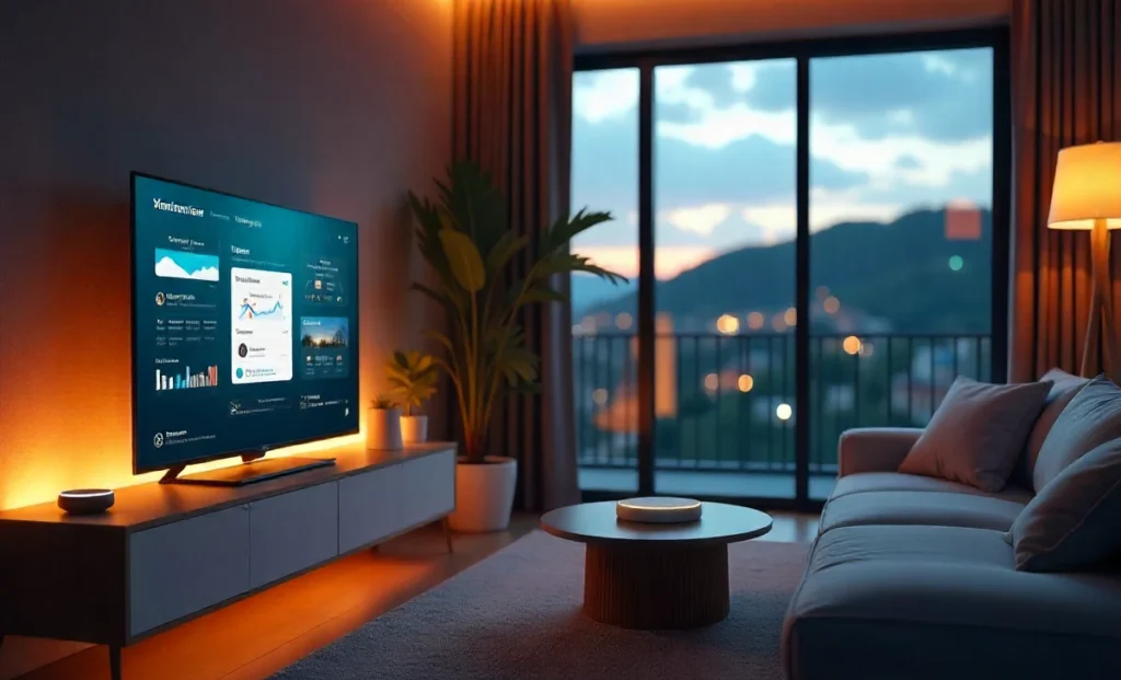 What Are The Best Ways To Use Cutting Edge Tech At Home? Modern living room demonstrating how to use cutting edge tech with smart devices, AI assistants & home automation