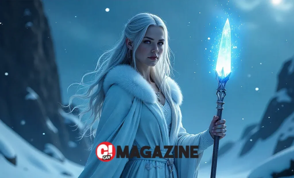 Vaelianne Frostmere, Skyrim’s ice sorceress, in a frost-woven robe with a glowing staff in a snowy, moonlit Frostmere Crypt scene.