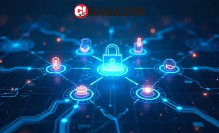 Digital illustration of ZNXNZ platform showing blockchain nodes, AI data flow, and industry applications in healthcare, finance, and smart cities.