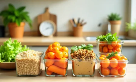 Glass containers with lifestyle meal prep ingredients and calendar showing best times for healthy meal planning