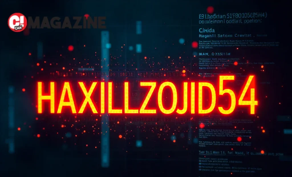 Digital graphic of a cryptic code with Haxillzojid54 text on a dark background