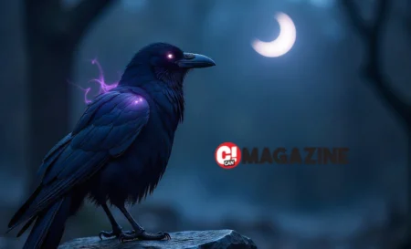 Korpenpelloz mythical raven with glowing feathers on obsidian stone under crescent moon symbolizing ancient Nordic wisdom