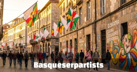 Bilbao street with Basque flags and Basqueserpartists celebrating culture