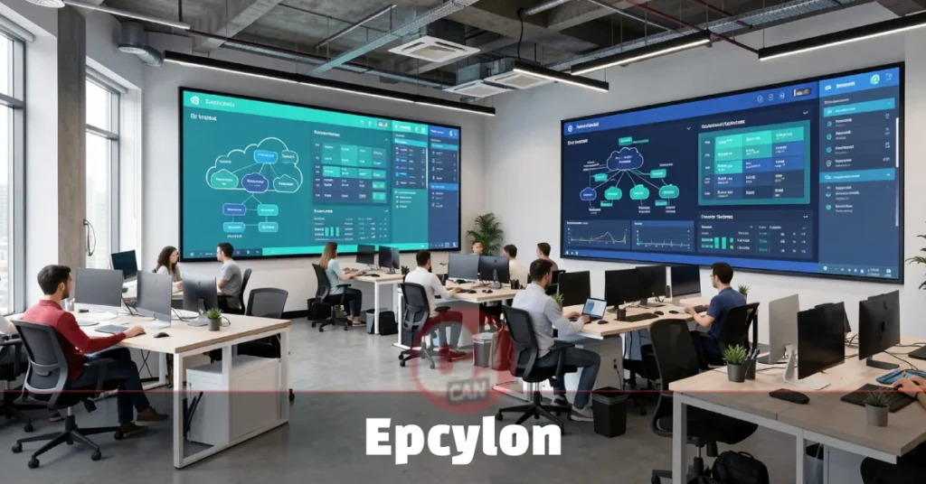 Epcylon infrastructure monitoring dashboard showing real-time deployment metrics, observability systems, and operational health indicators displayed.