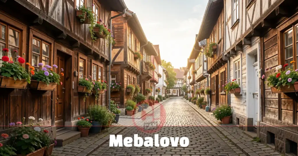 Traditional wooden houses with intricate carved details in Mebalovo village Russia