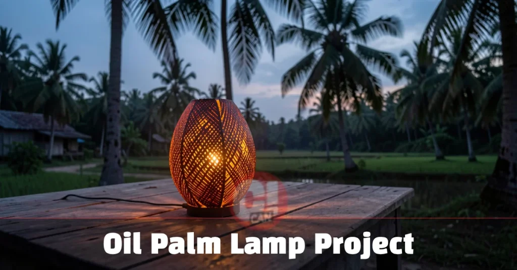 Oil Palm Lamp Project lamp made from palm shell waste providing light in an off-grid rural home