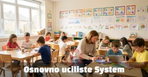 Osnovno Uciliste System classroom with diverse children reading, collaborating, and using technology with teacher in bright learning environment.