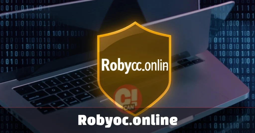 Robyoc.online trust score and security warning illustration with amber shield icon and open padlock on dark tech background.