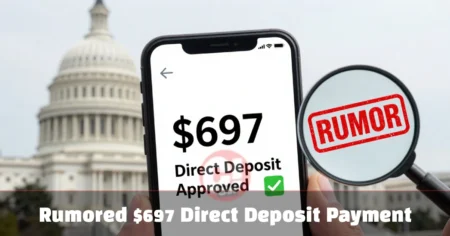 Rumored $697 Direct Deposit Payment: Real or a Scam? Rumored $697 Direct Deposit Payment fact-check illustration showing smartphone alert with red rumor stamp and U.S. Treasury building in background.