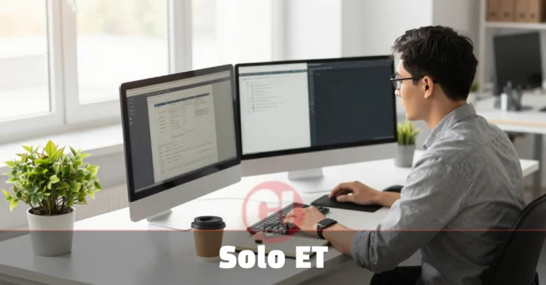 Solo ET entrepreneur working at organized desk with dual monitors and productivity tools—efficient independent business operations