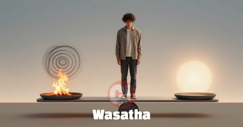 Wasatha: The Middle Path to Living With Purpose and Clarity Wasatha balance scale showing centered person between extremes of overwork and avoidance, representing intentional moderation and sustainable living.
