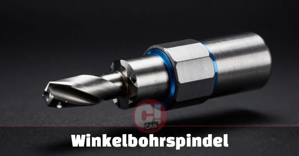 Winkelbohrspindel angle drilling spindle mounted on CNC machine with bevel gears visible at 90-degree angle, industrial workshop background