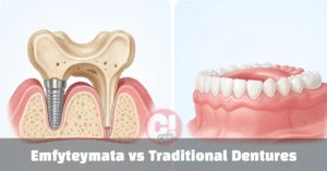 Emfyteymata vs Traditional Dentures comparison illustration showing dental implant in jawbone beside removable denture on gum tissue.